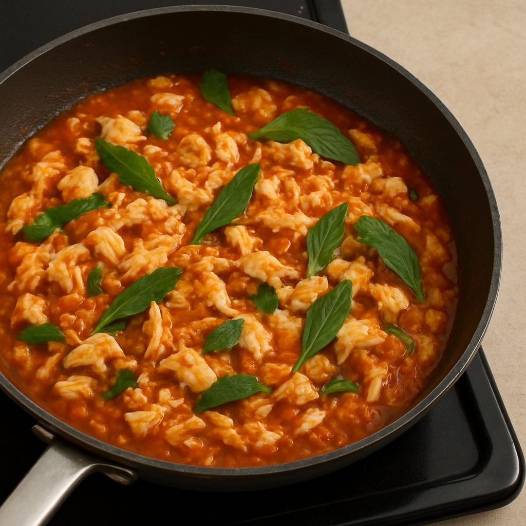  Sartén con cazón desmenuzado cocinándose con jitomate, cebolla y especias para preparar el guiso.