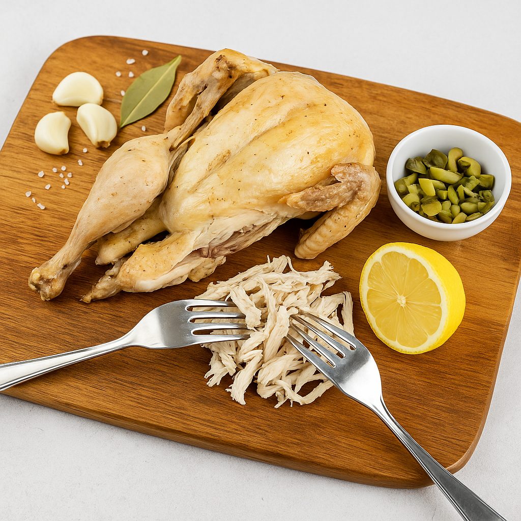 Pollo cocido entero sobre tabla de madera, siendo desmenuzado con dos tenedores, acompañado de dientes de ajo, hoja de laurel, sal gruesa, medio limón y un recipiente con aceitunas picadas.