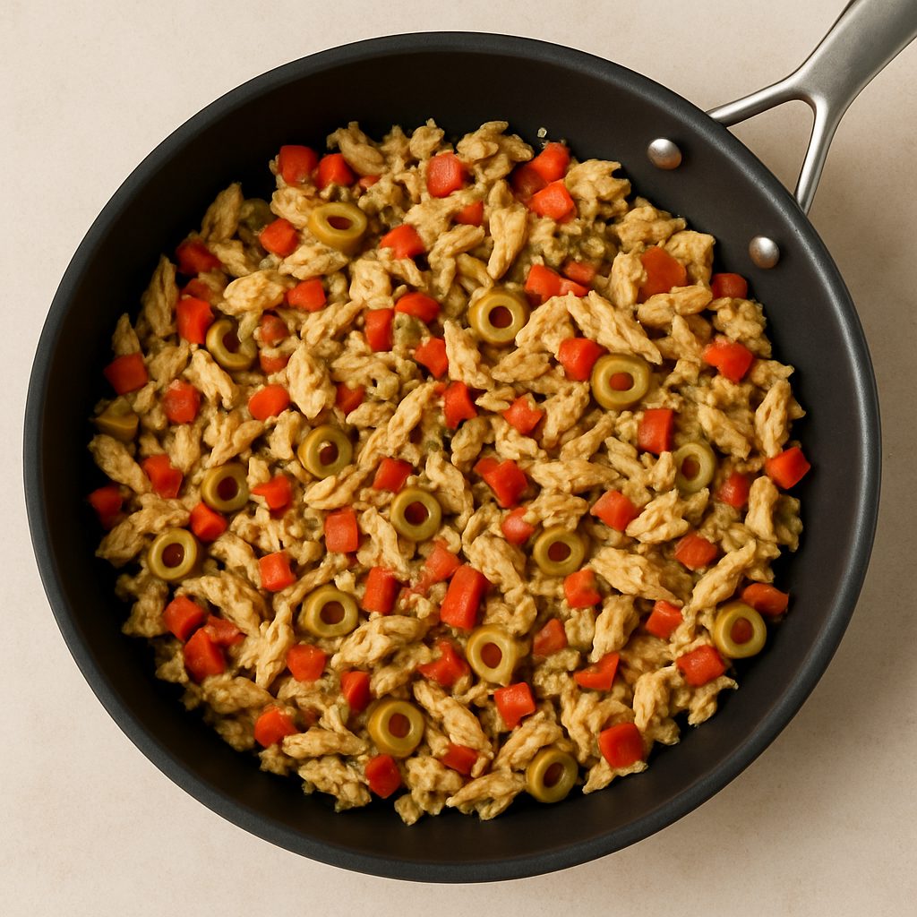 Sartén con relleno de empanadas hecho con pollo desmenuzado, pimiento rojo, cebolla y aceitunas verdes, cocinado y listo para enfriar.