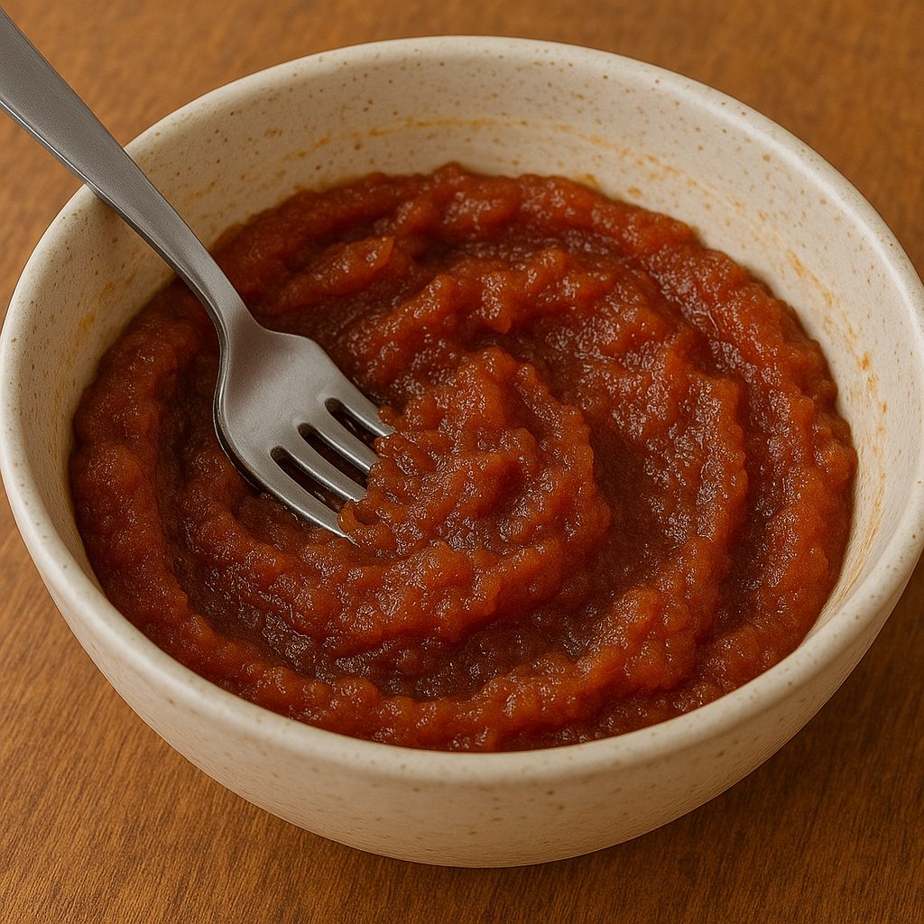 Bol de cerámica con dulce de membrillo triturado hasta formar una crema, mezclado con agua caliente y jugo de limón, con un tenedor apoyado dentro del bol sobre una superficie de madera.