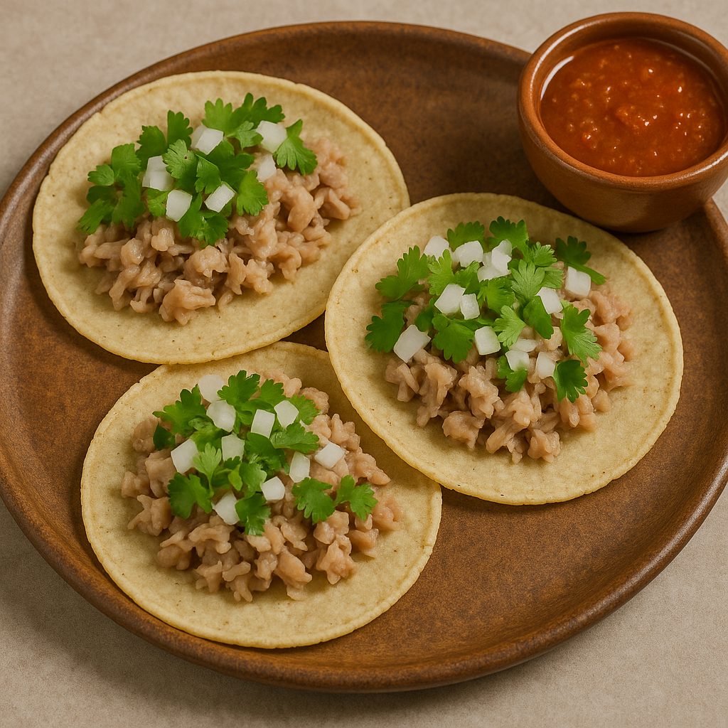 Tortilla de maíz rellena con carne desmenuzada de manitas de cerdo, lista para servirse como taco.