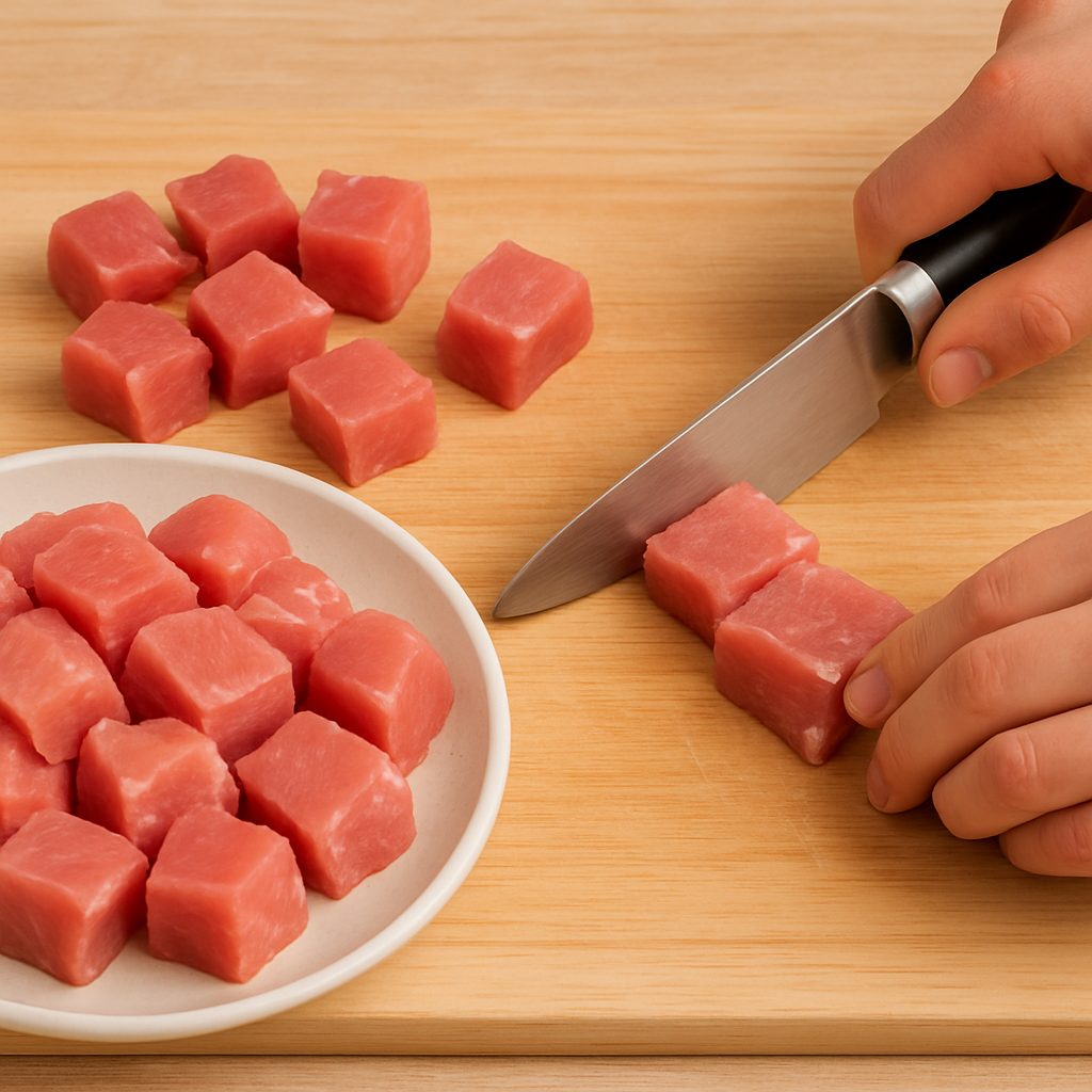 Carne troceada para pinchos morunos, mezclada con ajo y especias, lista para marinar antes de ensartar en los palos de brocheta.
