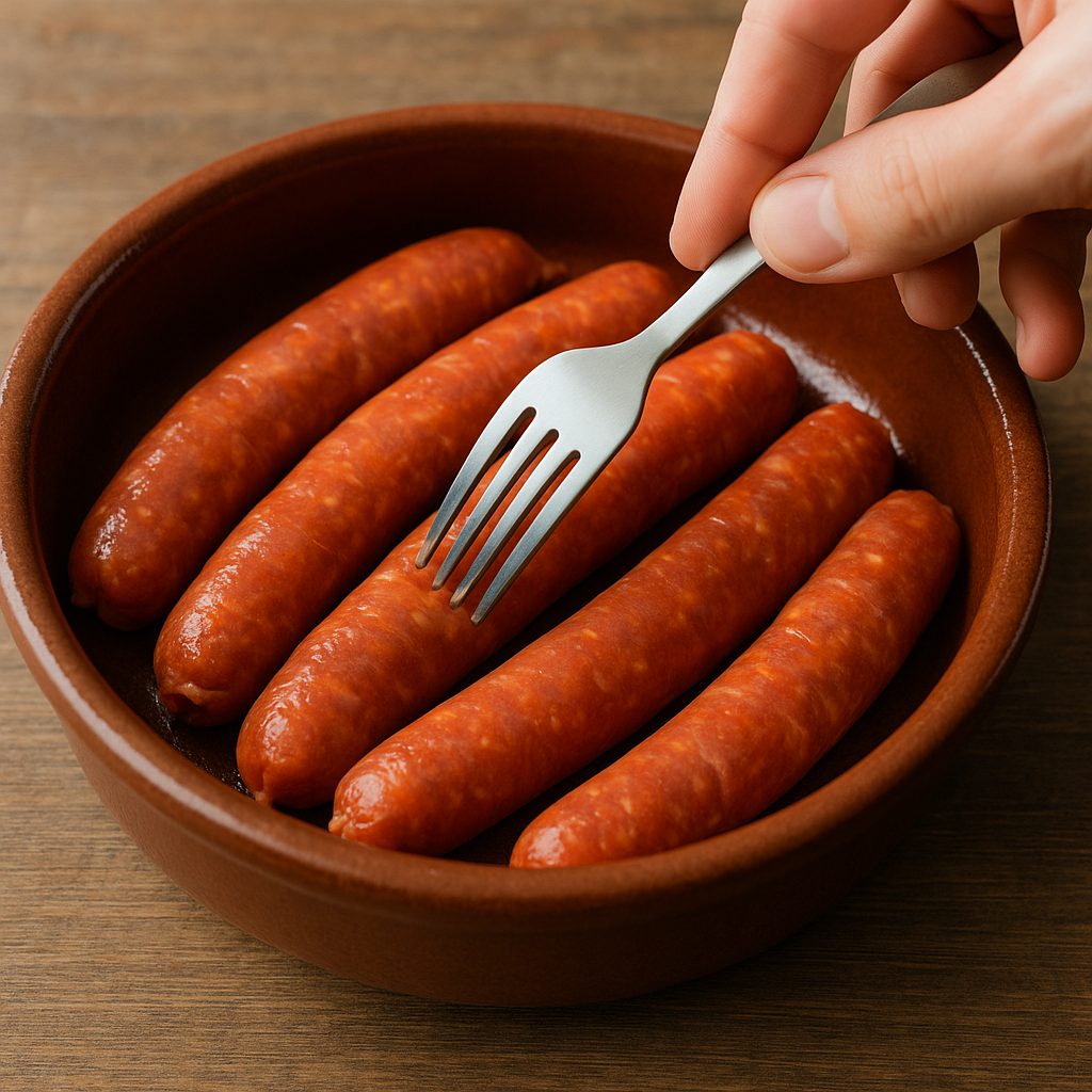  Chistorra cocinándose en una sartén con sidra y hojas de laurel, liberando su jugo mientras se cocina a fuego lento.