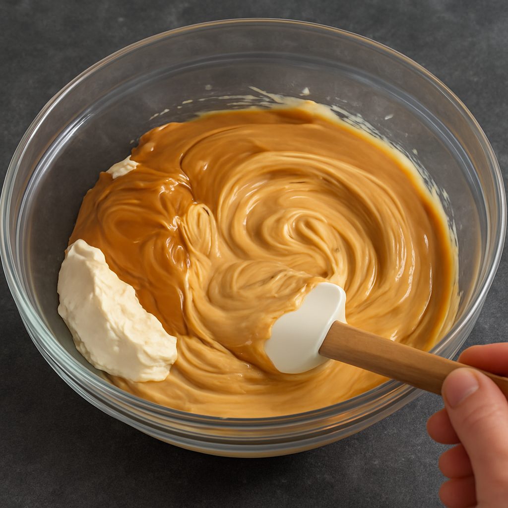 Bol con mezcla de queso crema y dulce de leche siendo batida con una espátula hasta lograr una crema homogénea.