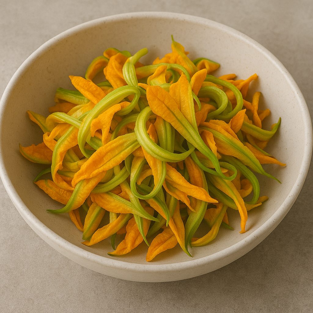 Tiras finas de flor de calabaza recién lavadas en un bol, listas para cocinarse, mostrando sus colores vivos y textura delicada.