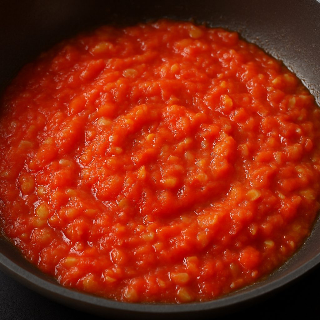 Tomates rallados cocinándose en una sartén junto con cebolla y ajo para formar una salsa espesa.