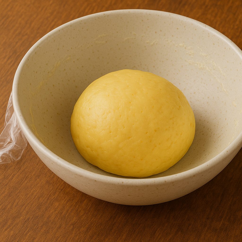 Bollo de masa suave y amarilla con ralladura de limón, reposando en un bol de cerámica, parcialmente cubierto con film transparente, sobre una superficie de madera.