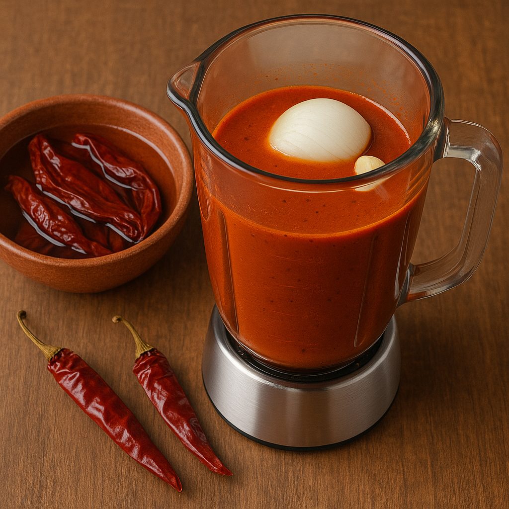 Licuadora con salsa roja de chile guajillo, acompañada de chiles guajillo hidratados, cebolla y ajo, lista para dar sabor y color al pozole rojo.