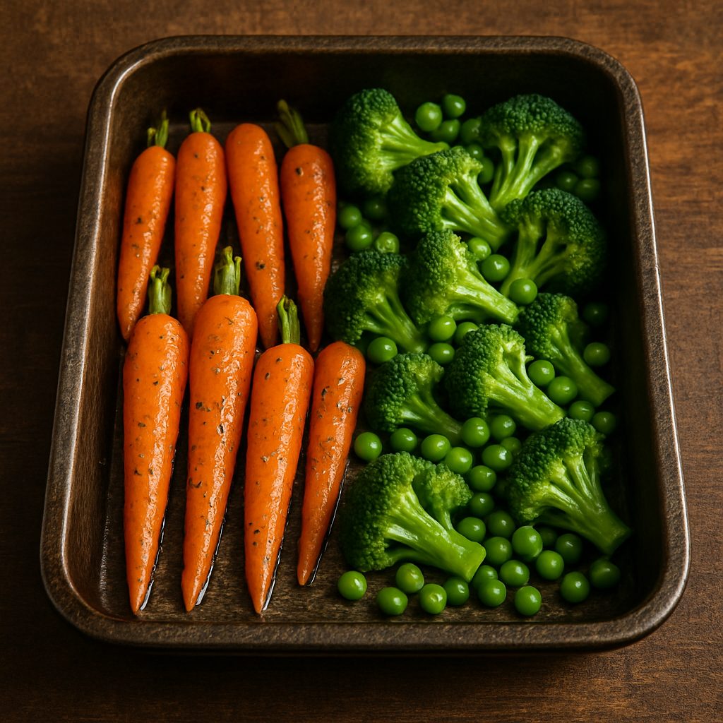 "Zanahorias, brócoli y guisantes frescos en una bandeja para hornear, listos para asar con sal, pimienta y mantequilla."