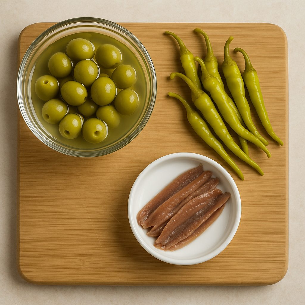 Aceitunas verdes, guindillas en vinagre y filetes de anchoa escurridos dispuestos sobre una tabla, listos para preparar gildas.