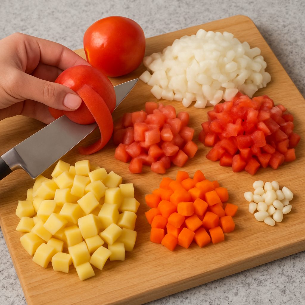 Preparación de vegetales frescos picados, incluyendo papas, zanahorias, cebollas, tomates, pimientos y ajos listos para cocinar.