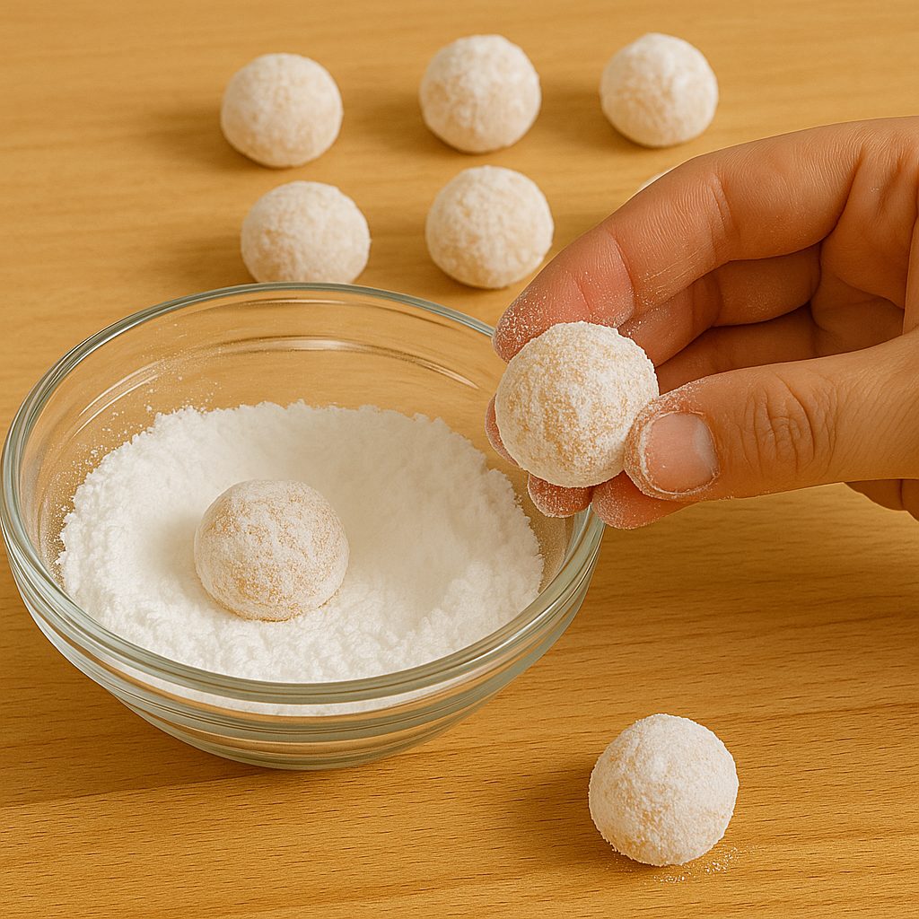 "Mano rebozando una bolita de masa en un cuenco con azúcar glas, con otras bolitas cubiertas al fondo sobre una superficie de madera."