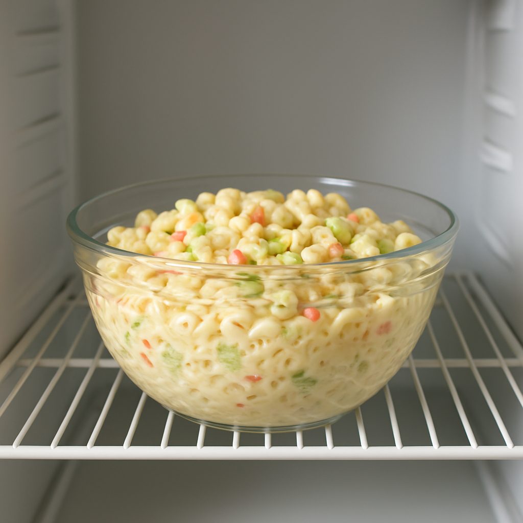 Ensalada fresca en un recipiente transparente, guardada en el refrigerador para que los sabores se integren antes de servir.