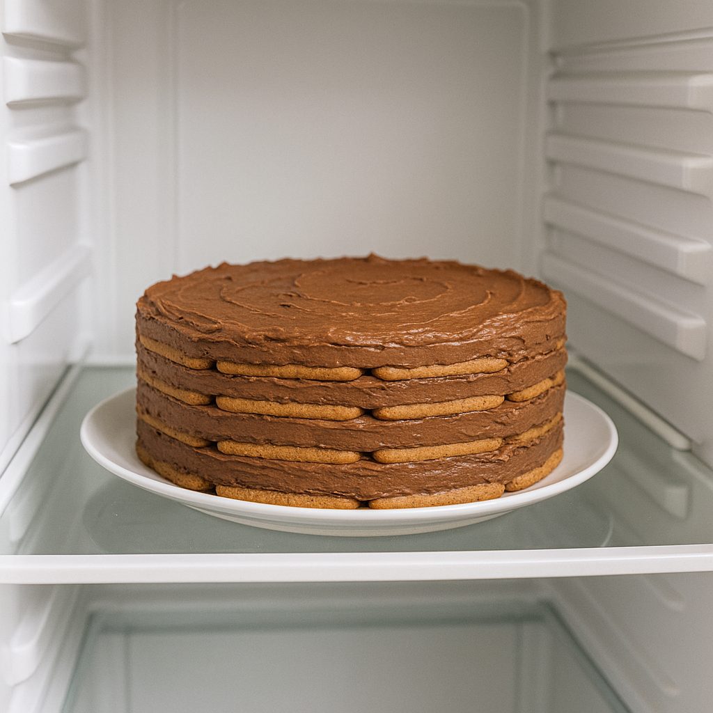 Chocotorta con capas de galletas y crema de chocolate sobre un plato blanco, colocada dentro de un refrigerador.