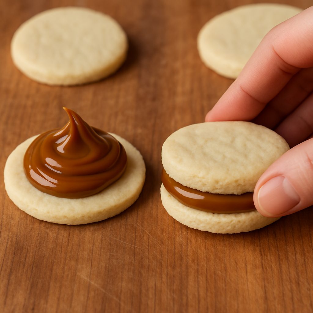 Alfajores siendo rellenados con una porción generosa de dulce de leche entre dos tapas de masa.
