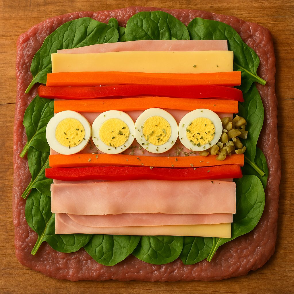 Imagen que muestra un matambre extendido sobre una superficie, cubierto con capas de espinaca, zanahoria y pimiento en tiras, jamón cocido, queso, rodajas de huevo duro, orégano y aceitunas picadas, listo para ser enrollado.