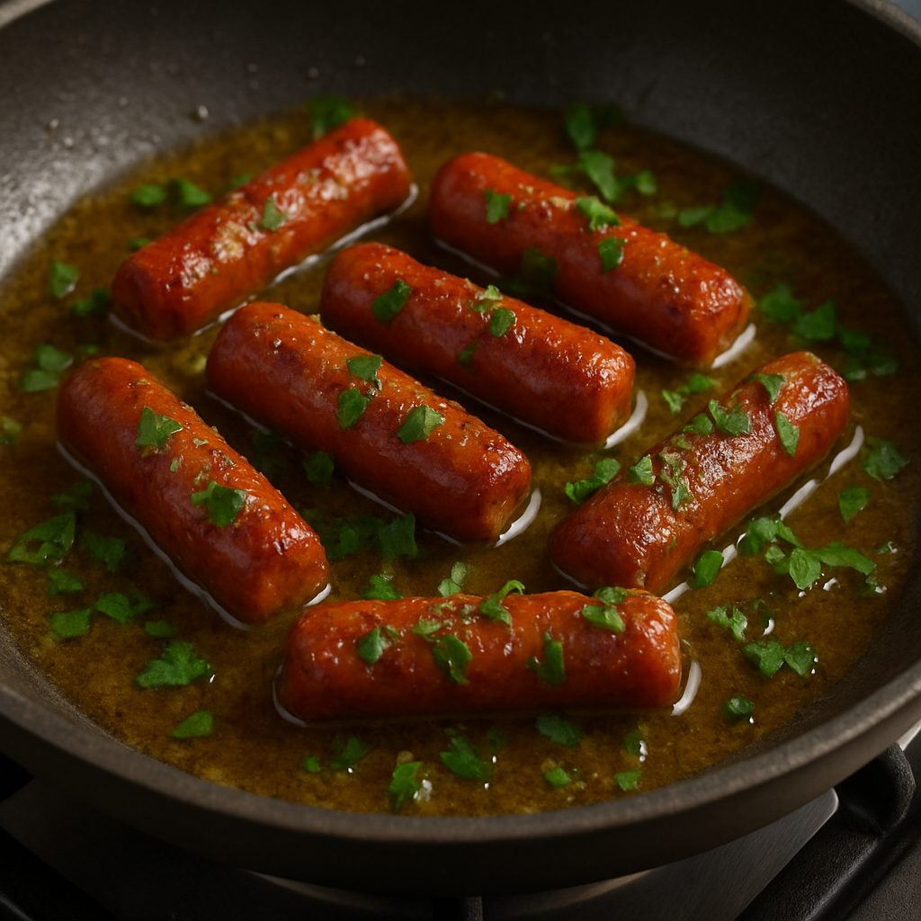 Chistorra a la sidra recién cocinada, servida en un plato hondo con su salsa reducida, espolvoreada con sal y pimienta, lista para disfrutar caliente.