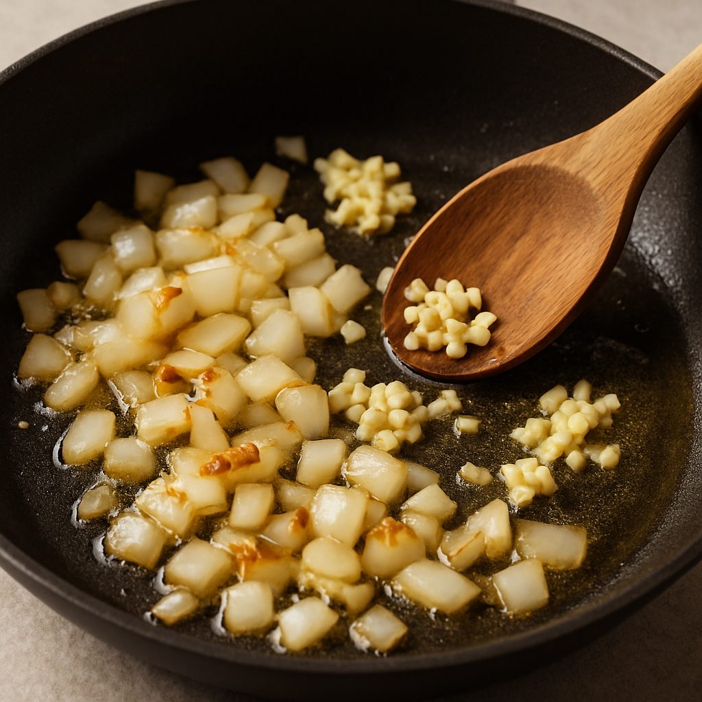 Cebolla y ajo picados salteándose en una sartén con aceite, comenzando a dorarse ligeramente.