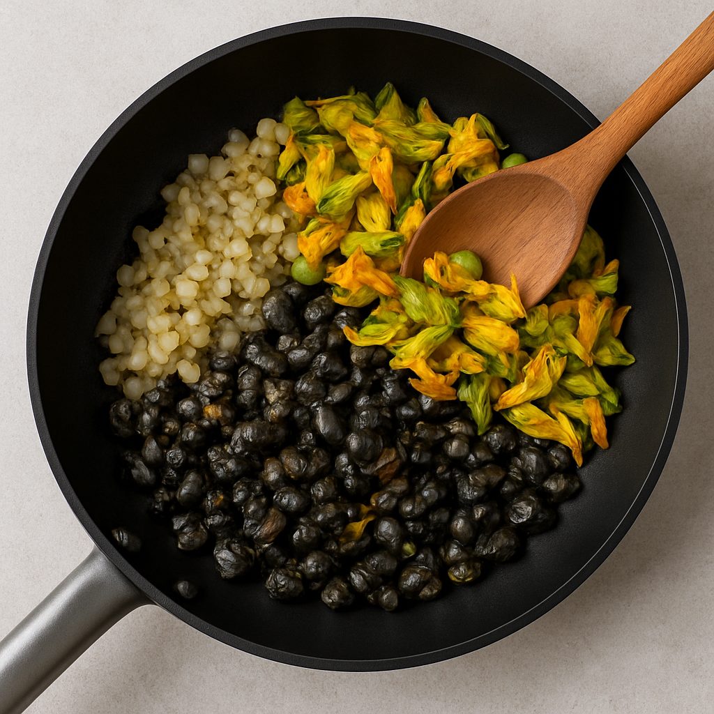 Huitlacoche, flores de calabaza y cebolla salteándose en una sartén con una cuchara de madera sobre una superficie clara.