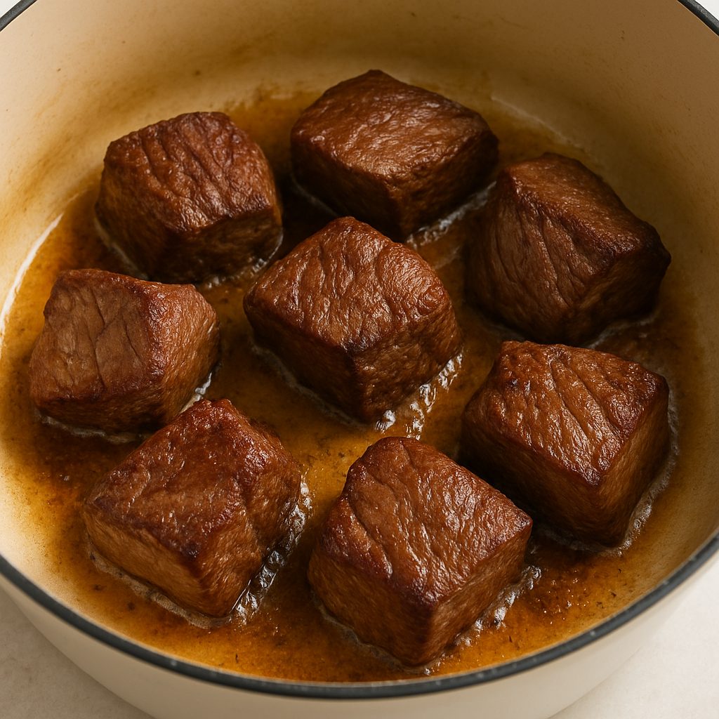 Trozos de carne de cerdo dorándose en una sartén con aceite para sellar los jugos y realzar el sabor.
