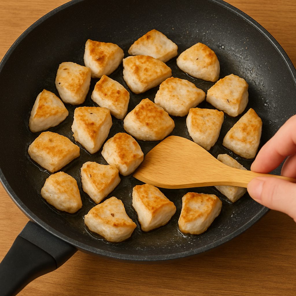 "Trozo de pollo dorándose en una sartén con ayuda de una espátula de madera."