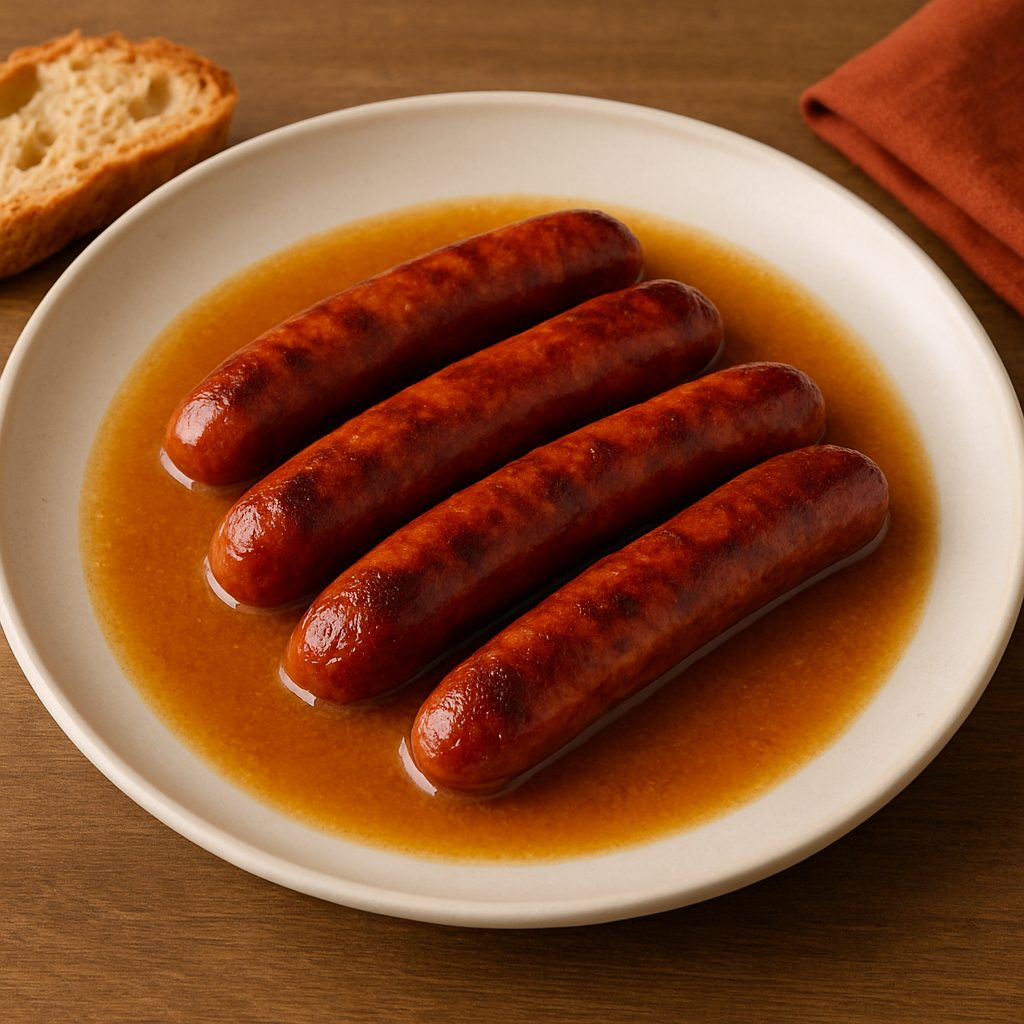 Chistorra a la Sidra servida caliente en un plato hondo con su salsa reducida, acompañada de pan rústico para mojar.