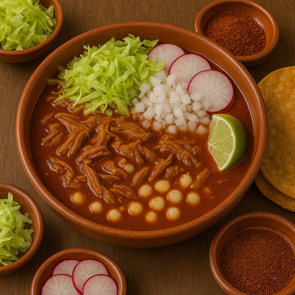 Pozole rojo servido en un tazón de barro, con carne deshebrada, maíz hominy y guarniciones frescas como lechuga, rábanos, cebolla picada, limón y chile en polvo, acompañado de tostadas crujientes alrededor.