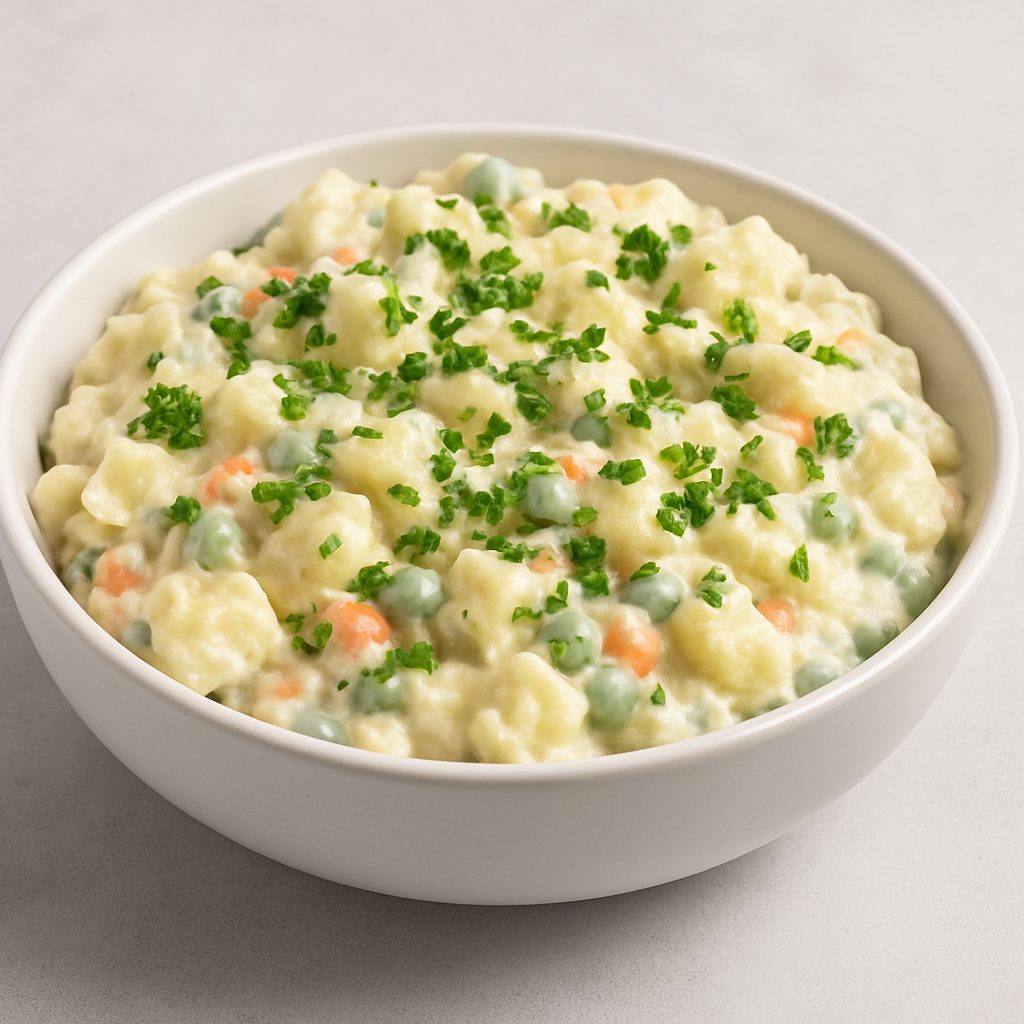 Ensalada servida en un bol blanco, decorada con perejil fresco picado por encima, lista para enfriar y presentar.