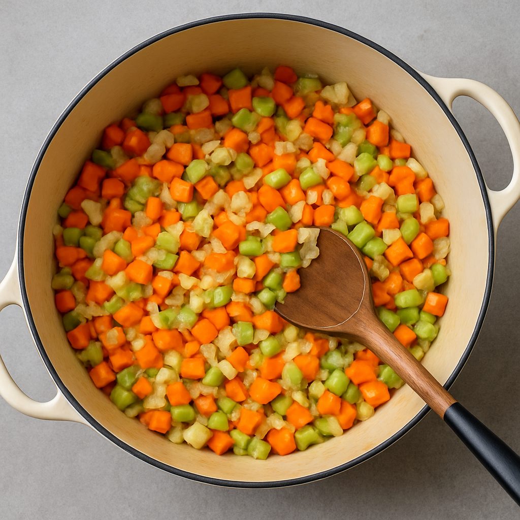 Verduras picadas de zanahoria, apio y cebolla sofriéndose en una olla con aceite de oliva, removidas con una cuchara de madera.