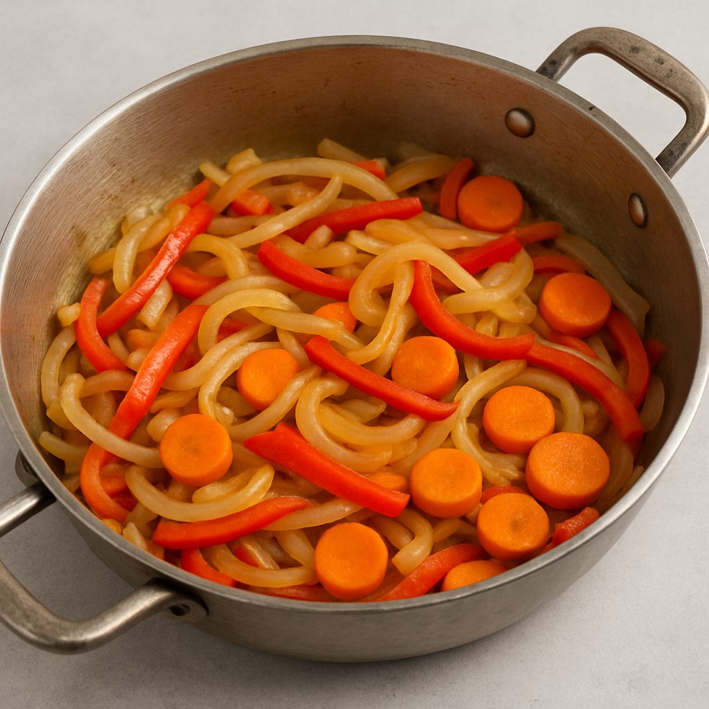 Sofrito de cebolla en juliana, pimiento en tiras y zanahorias en rodajas, cocinados en una olla hasta quedar tiernos.