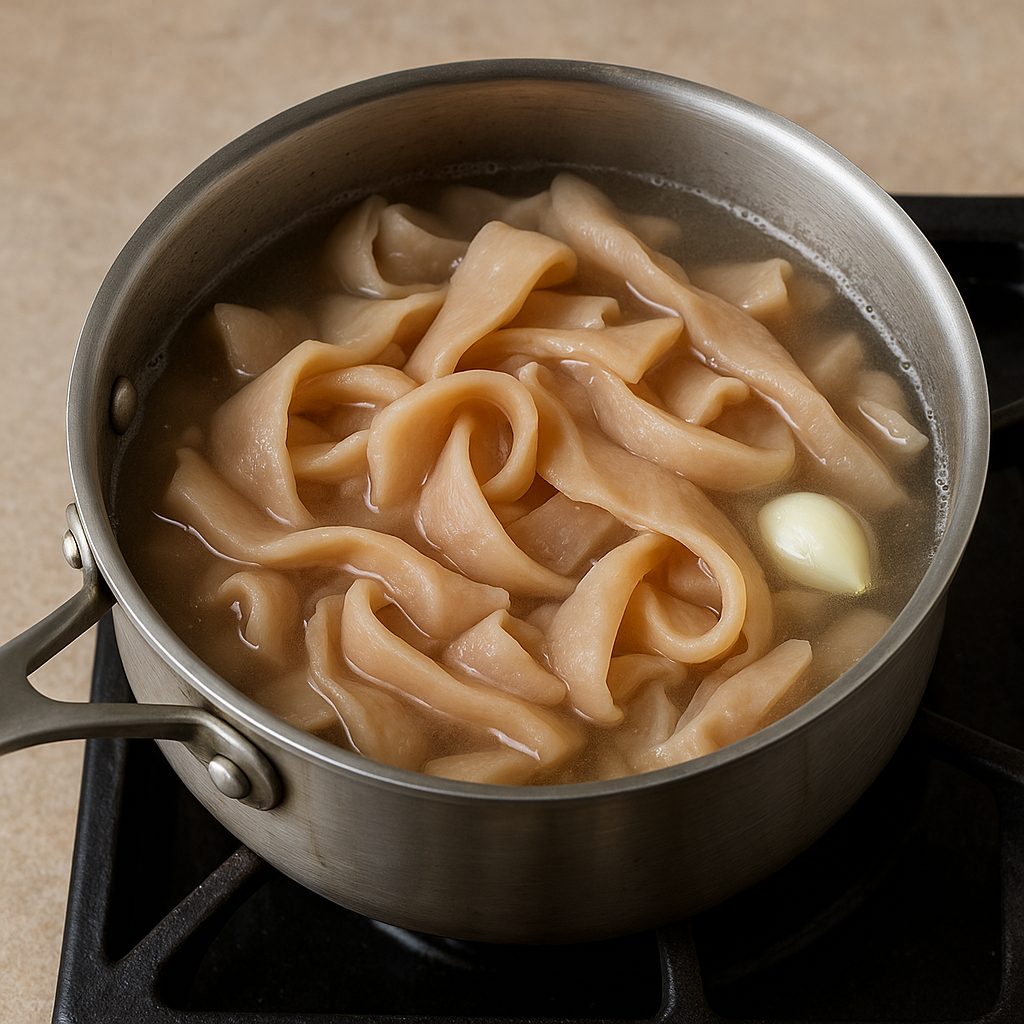 Cueritos de cerdo cocinándose en una olla con agua, sal y un diente de ajo hasta quedar tiernos, listos para preparar tacos de cueritos.