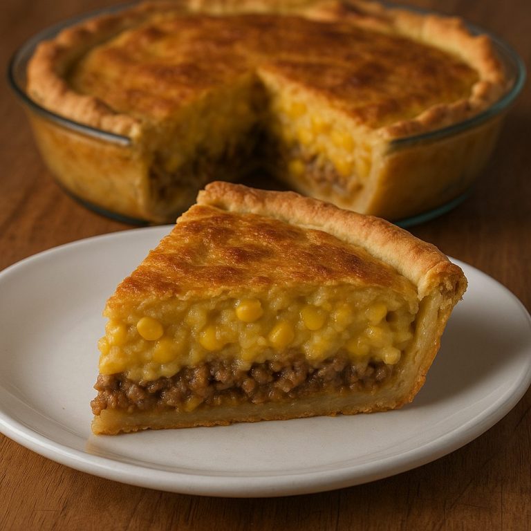 Tarta de choclo argentina casera con relleno cremoso de maíz y carne picada, servida en porción sobre un plato blanco.
