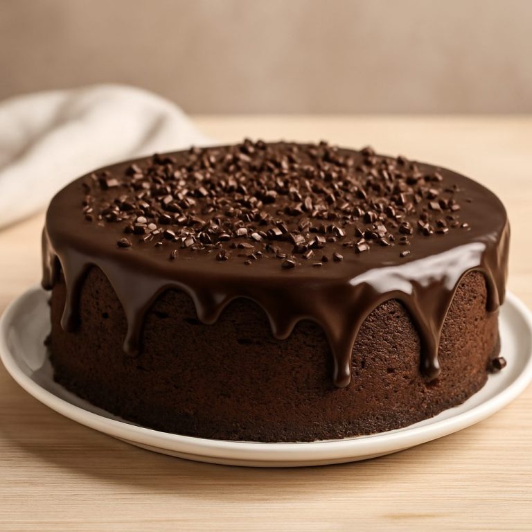 Torta de chocolate argentina cubierta con ganache brillante y decorada con virutas de chocolate, servida sobre un plato blanco.