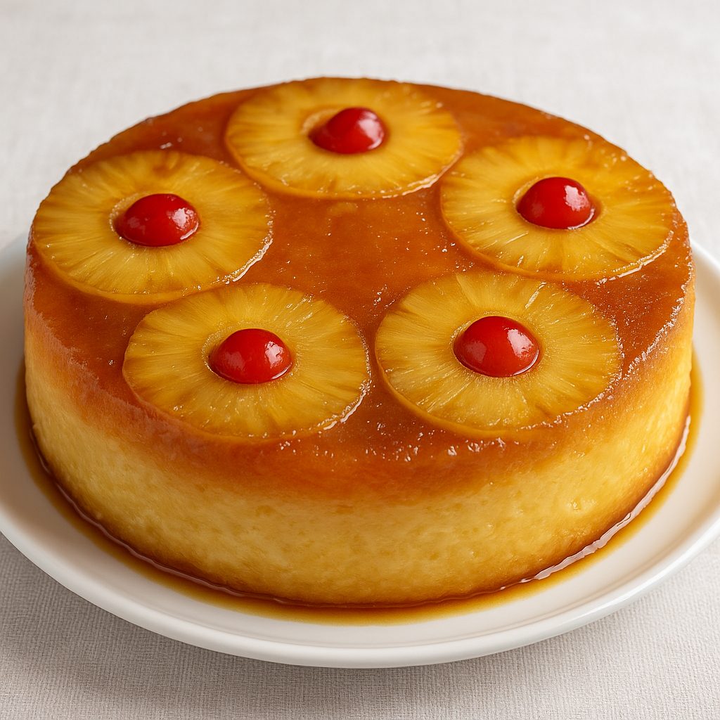 Torta de piña venezolana decorada con rodajas de piña caramelizadas y cerezas, lista para servir como postre tradicional.