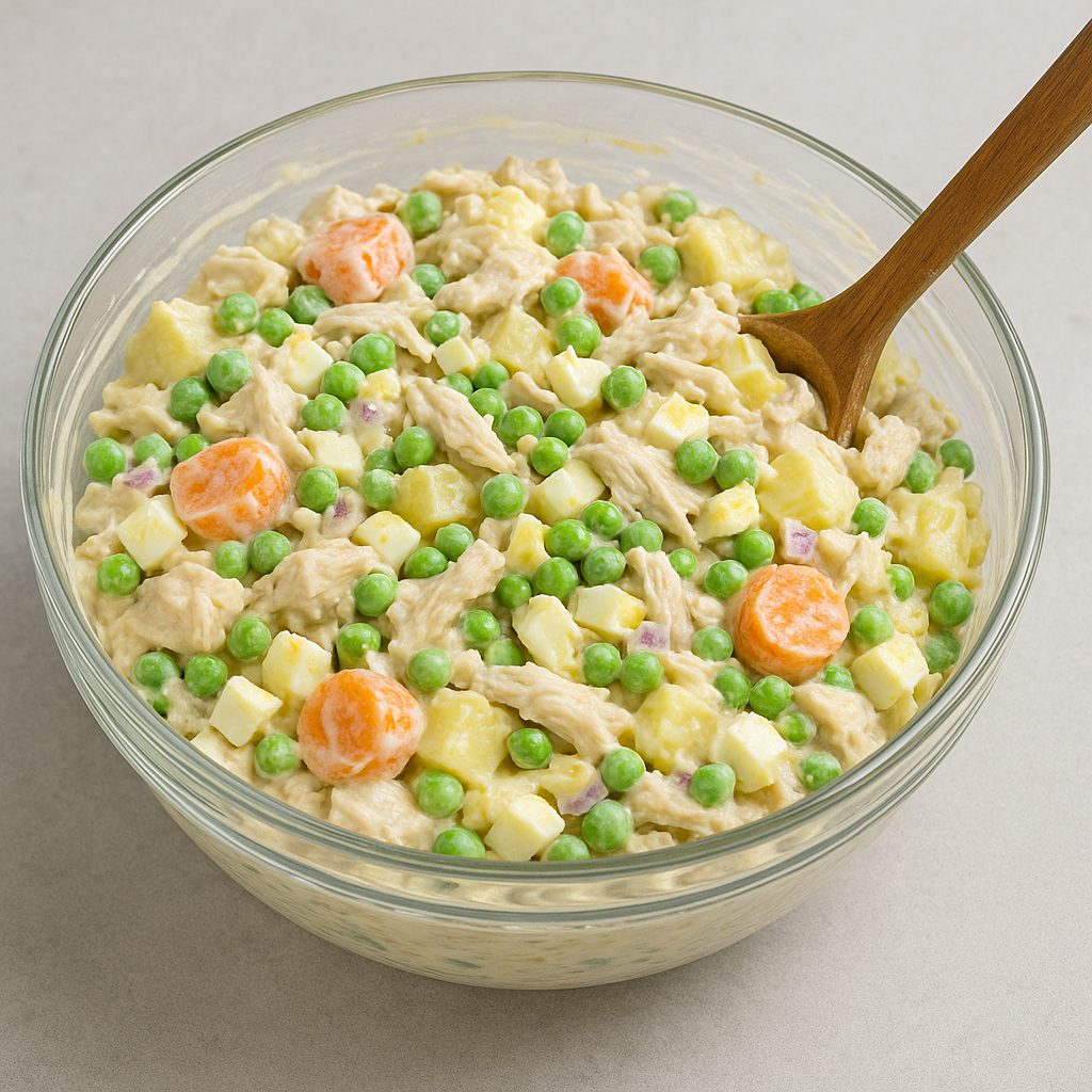 Ensalada de pollo y vegetales mezclada con aderezo cremoso, en un bol con cuchara de madera, lista para servir.