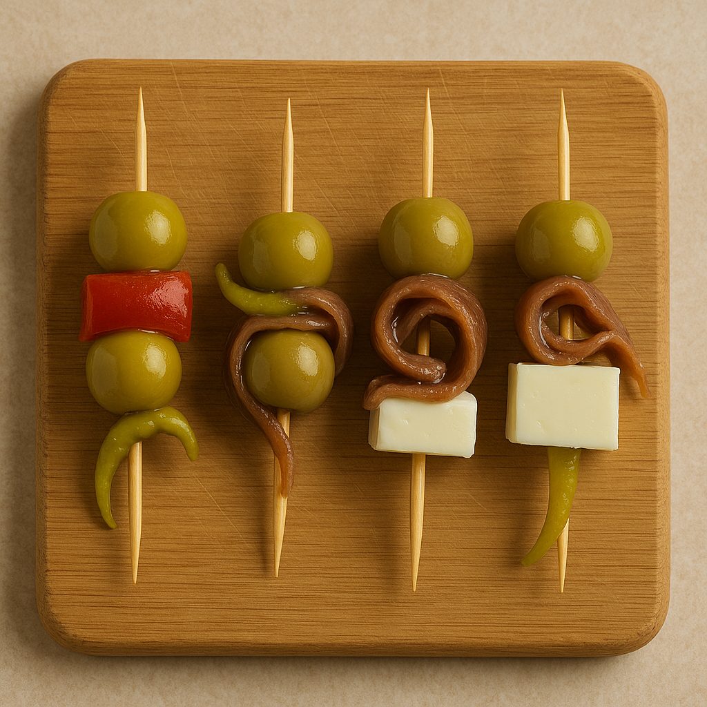 Variaciones de la Gilda servidas en brochetas, con combinaciones de aceitunas, anchoas, guindillas y otros ingredientes como pimientos o pepinillos.