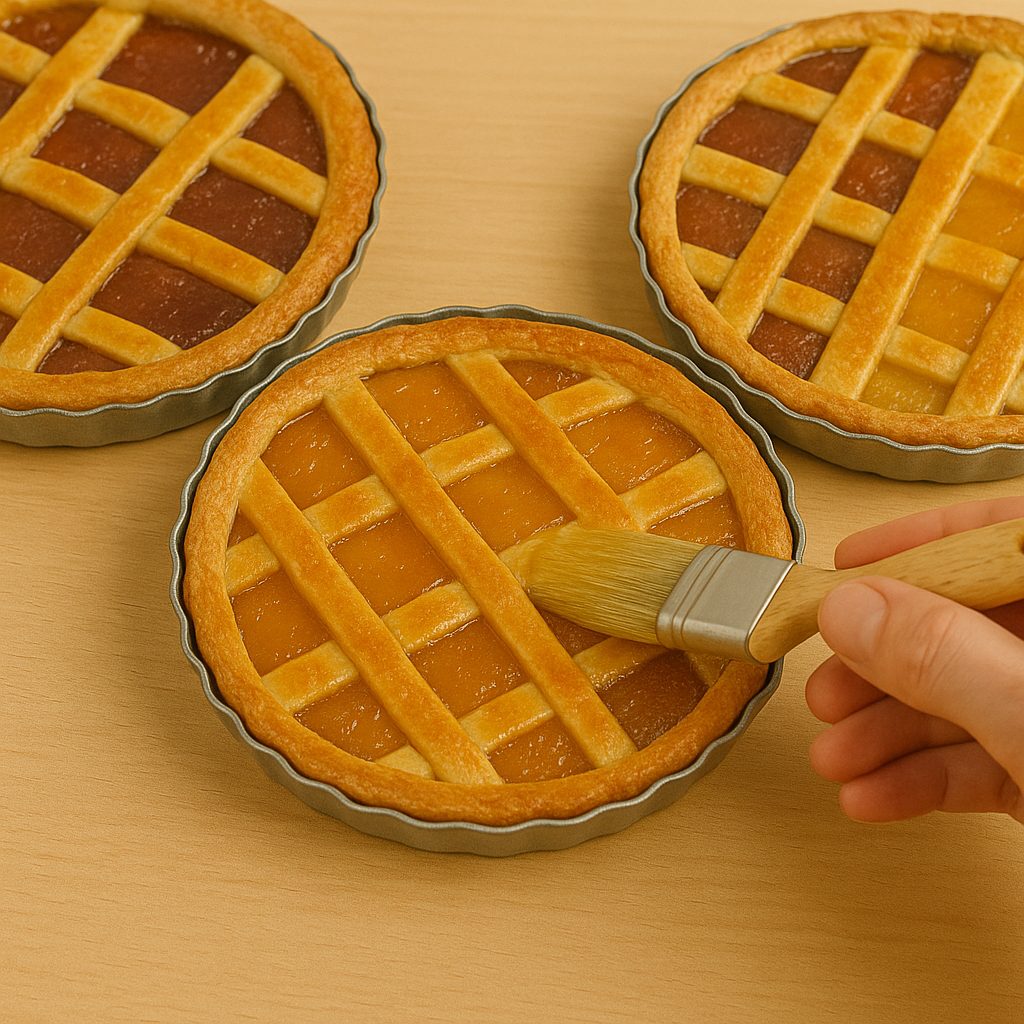 "Tres pastas frolas con diferentes rellenos: dulce de membrillo, dulce de batata y una versión mixta, presentadas en moldes sobre una superficie de madera."