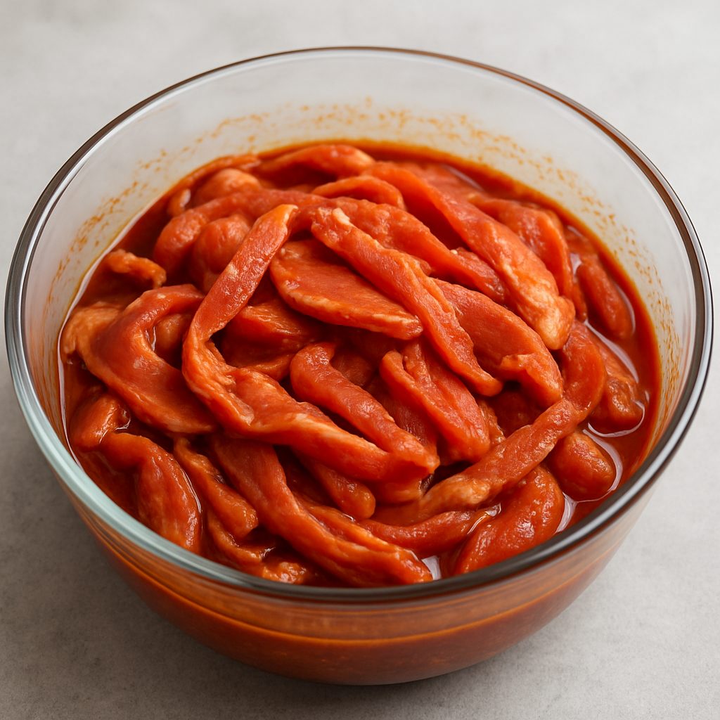 Carne de cerdo cortada en tiras finas, marinándose en un bol con adobo rojizo.