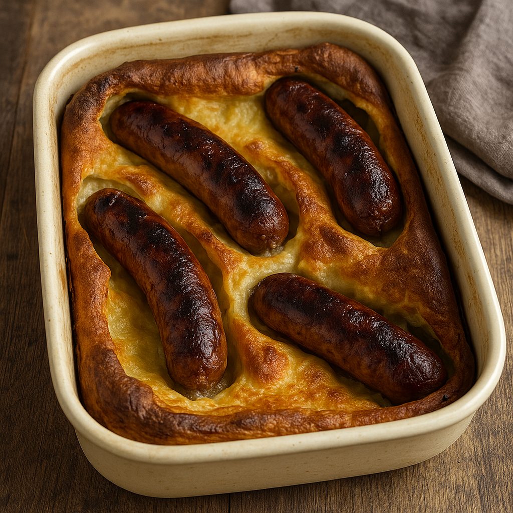 Toad in the Hole tradicional recién horneado, con salchichas doradas envueltas en una masa esponjosa de Yorkshire pudding, servido en una fuente de cerámica.