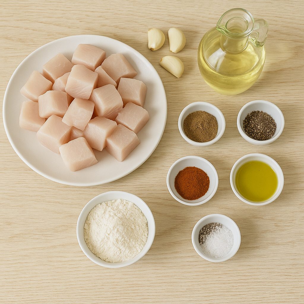 Ingredientes para cazón en adobo dispuestos sobre una mesa: trozos de cazón crudo en un plato, dientes de ajo, vinagre, aceite de oliva, harina, y pequeños recipientes con pimentón, comino, sal y pimienta.