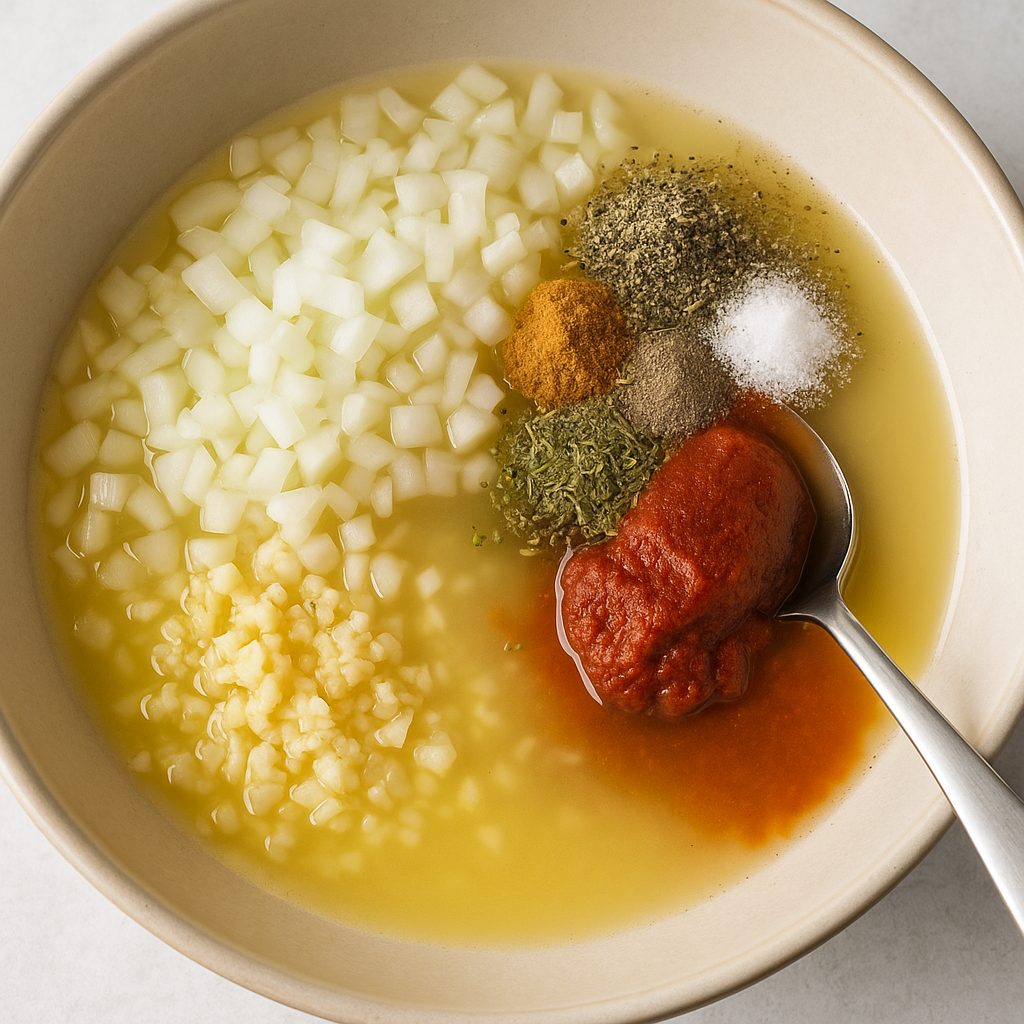 Bol con ingredientes frescos para preparar el adobo de carne de cerdo, incluyendo ajo, cebolla, zumo de piña, vinagre y especias.