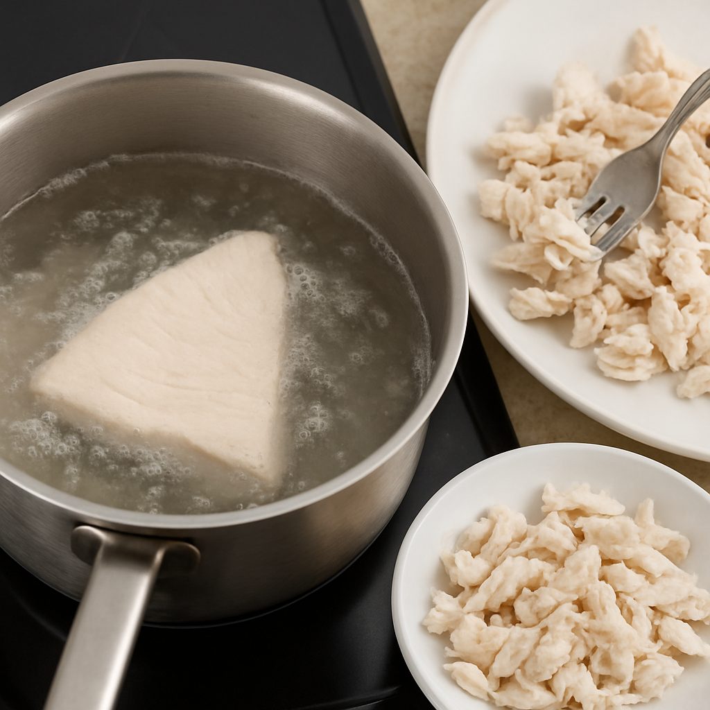 Trozos de cazón cocinándose en una olla con agua y especias hasta quedar suaves y listos para preparar otros platillos.