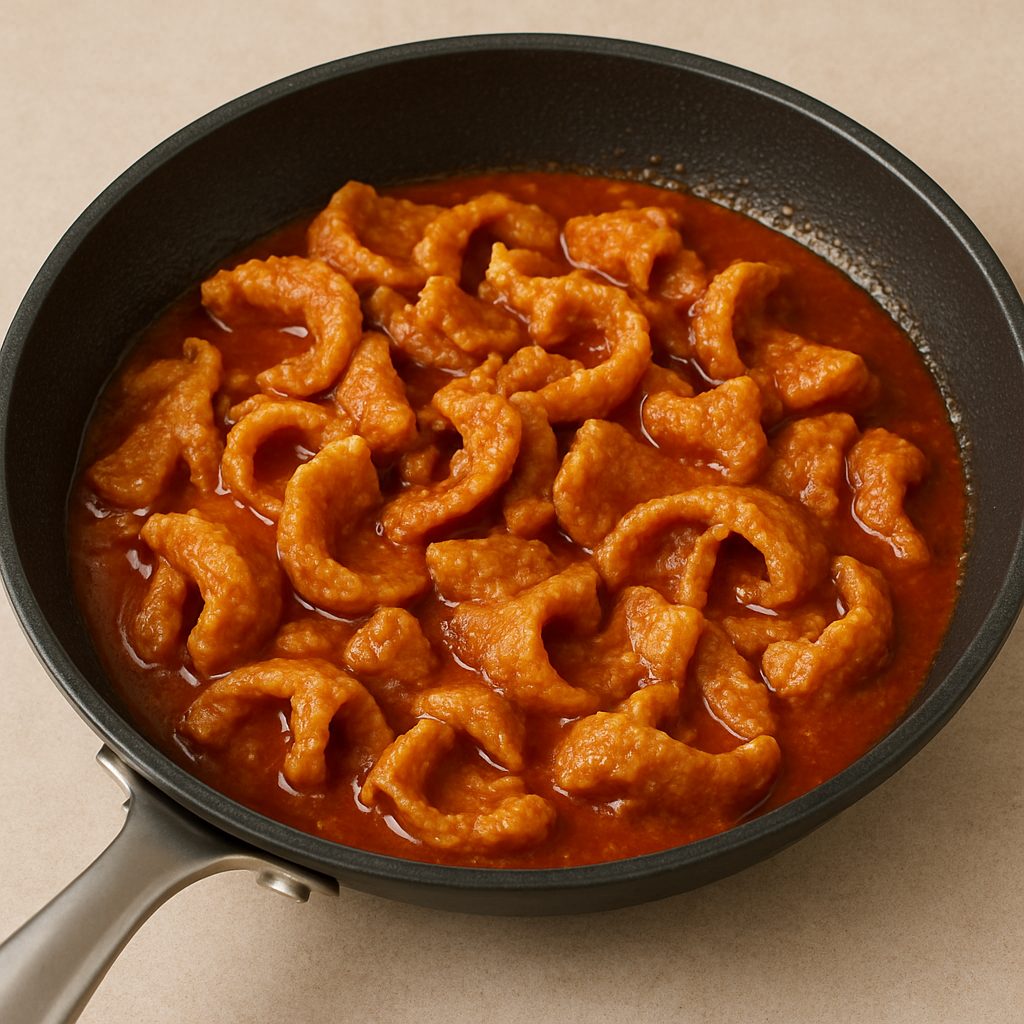 Chicharrón cocinándose en un sartén con salsa roja, absorbiendo el sabor mientras se fríe ligeramente.