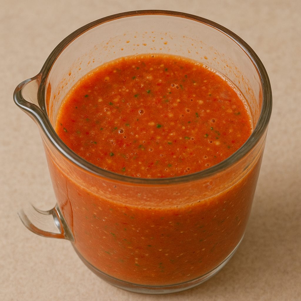 Salsa roja recién licuada en un vaso de licuadora de vidrio, elaborada con jitomate, chiles, ajo, cebolla y especias para acompañar tacos de chicharrón.