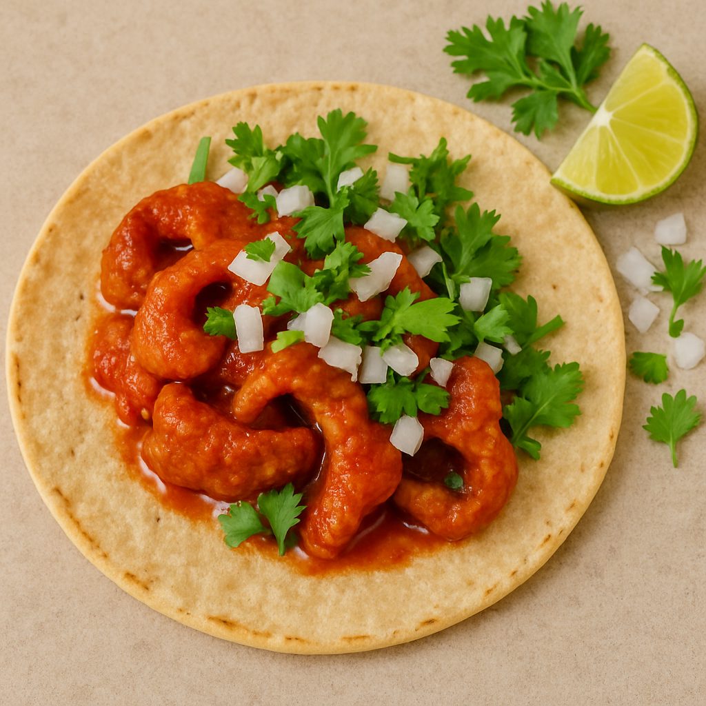 Taco de chicharrón en salsa roja servido sobre tortilla de maíz, decorado con cebolla picada, hojas de cilantro fresco y acompañado de un trozo de limón.