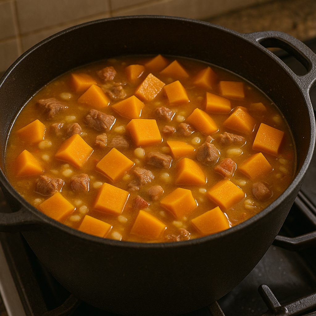 Olla de hierro con locro en cocción, mostrando cubos de zapallo añadidos al guiso junto a carne y maíz blanco.