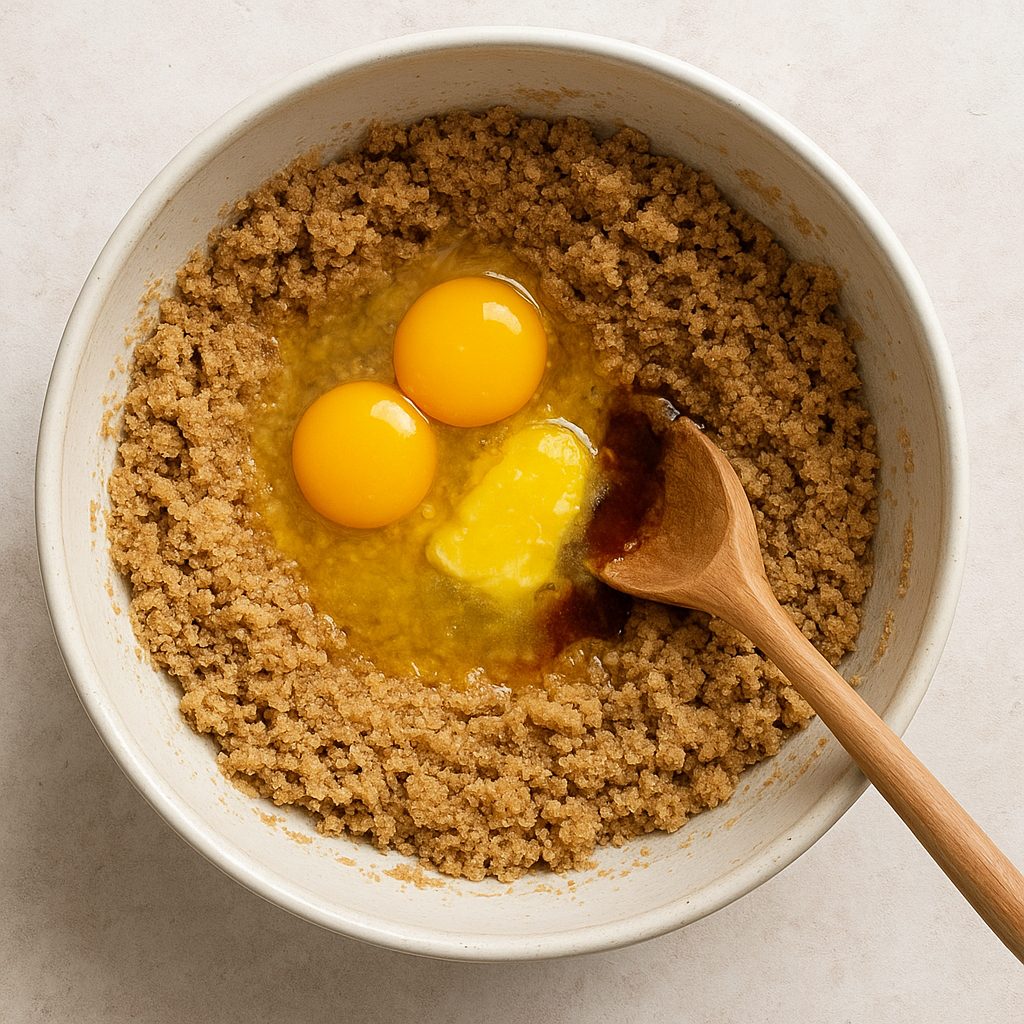 "Huevos, mantequilla derretida y esencia de vainilla añadidos al centro de la mezcla seca en un bol para comenzar a integrar los ingredientes húmedos."