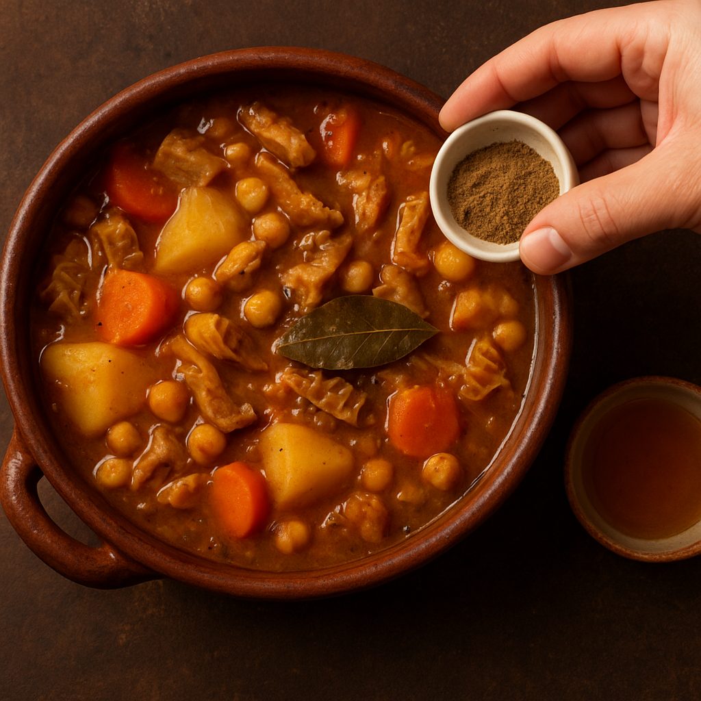"Olla con buseca criolla mientras se ajustan los sabores, agregando especias para intensificar el aroma y el gusto del guiso."