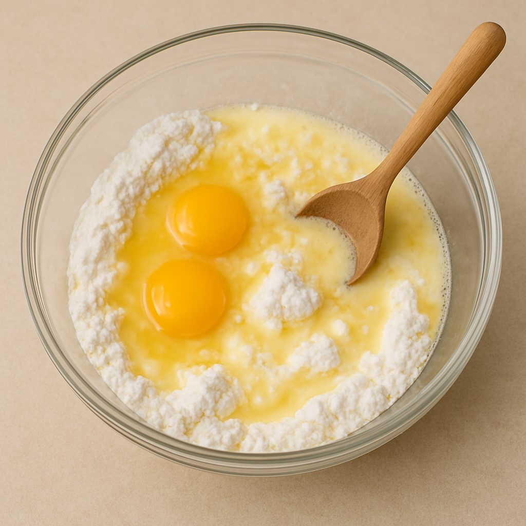 Bol de vidrio con mezcla de fécula, huevos enteros, manteca derretida y leche, con cuchara de madera lista para integrar los ingredientes húmedos.