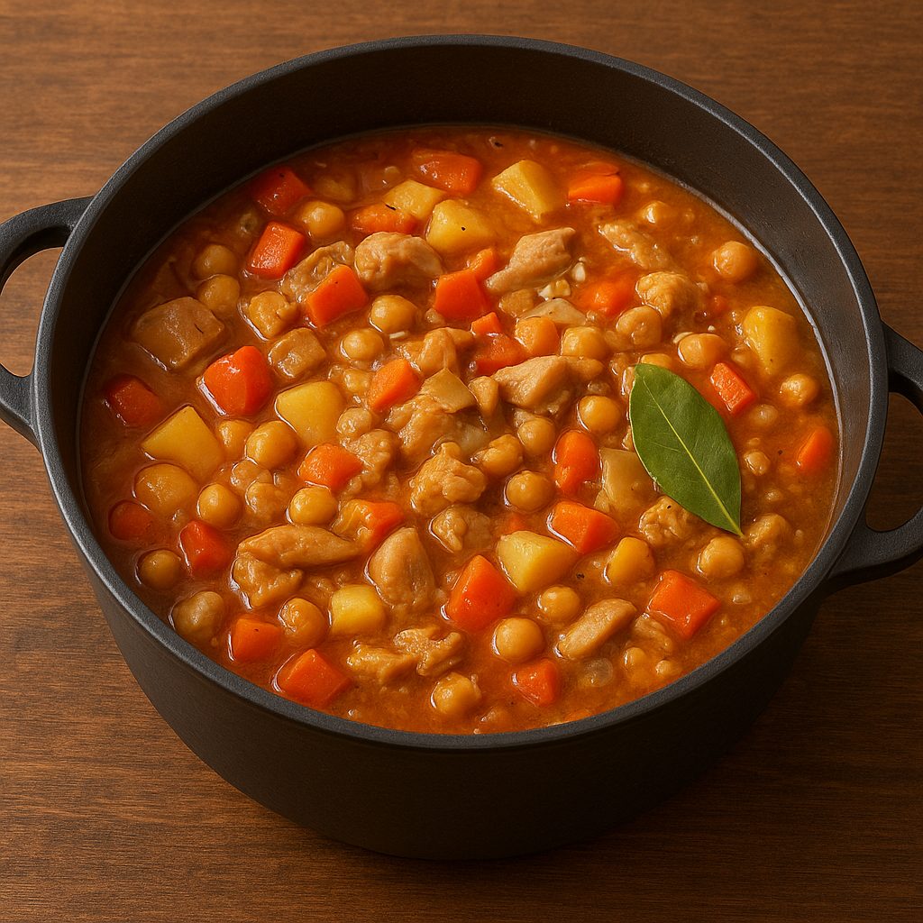 "Olla grande con buseca criolla en preparación, con mondongo, papas, zanahorias, garbanzos y caldo cocinándose a fuego lento con hoja de laurel y especias."